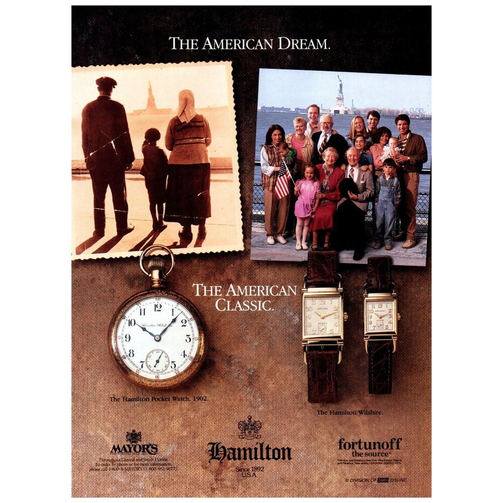 1993 Hamilton Wilshire and Pocket Watch Vintage Print Ad American Dream Wall Art